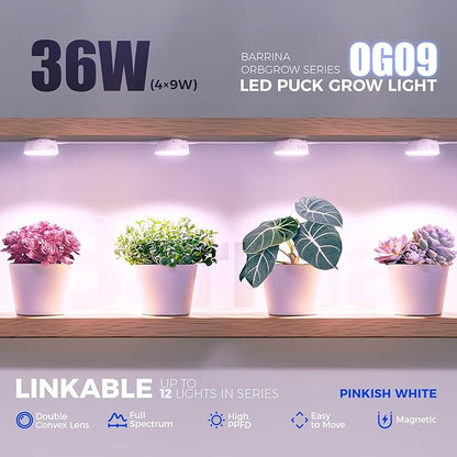 Barrina Orbgrow OG09 Puck Grow Light with Timer, Pinkish White 36W(4 x 9W, 540 Watt Equiv), Full