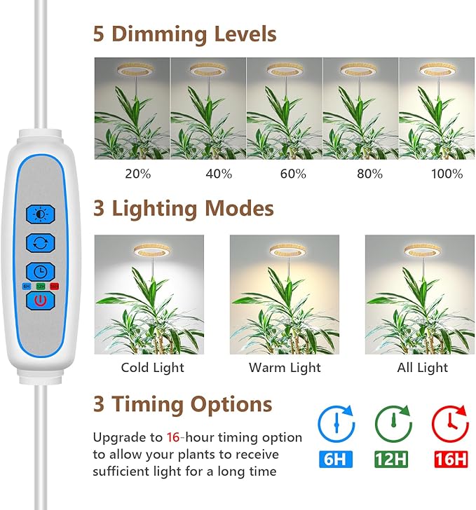 Grow Lights for Indoor Plants, Full Spectrum Plant Lights for Indoor Growing with 6/12/16H Timer, 3