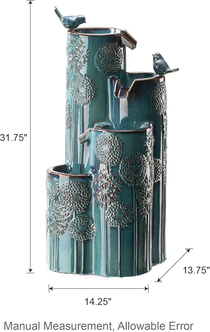 Glitzhome 31.75" H Outdoor Water Fountain with LED Lights and Pump, 4 Tier Dandelion Texture Vase