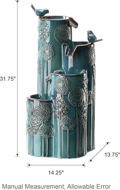 Glitzhome 31.75" H Outdoor Water Fountain with LED Lights and Pump, 4 Tier Dandelion Texture Vase
