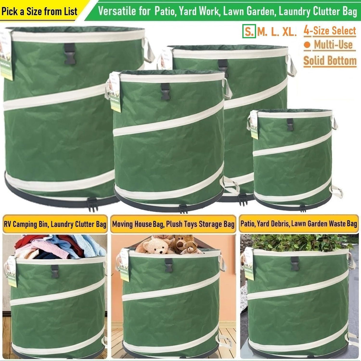 16-Gallon Collapsible Trash Can (16x19 in) Hard-Shell Bottom Yard Garden Bag for Pop-Up Trash