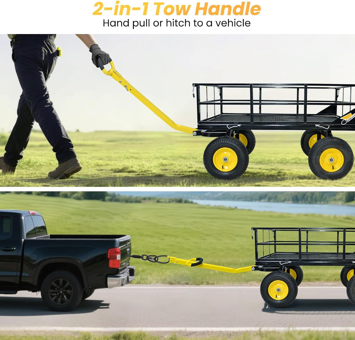 1200 lbs Steel Garden Cart, Heavy Duty Yard Utility Wagon with 10" Pneumatic Tires, Removable Mesh