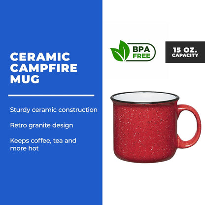Set of 16 Ceramic Campfire Mugs – 15 Oz, Red – Coffee & Tea Cups for Home, Work, Travel, Camping