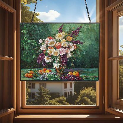Customized Rectangle Flower Vase with Fruit Stained Glass Window Hangings, Handcrafted Stained