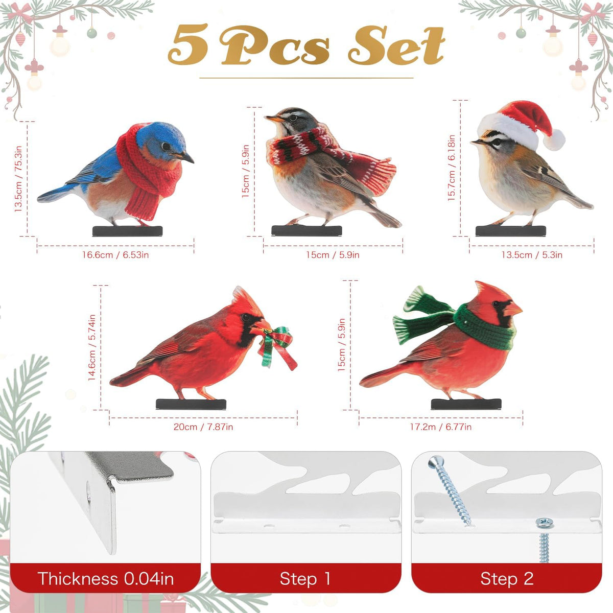 HUYIENO 5PCS Vibrant Metal Bird Decorations Christmas Fence Decor Colorful Garden Birds for Fences