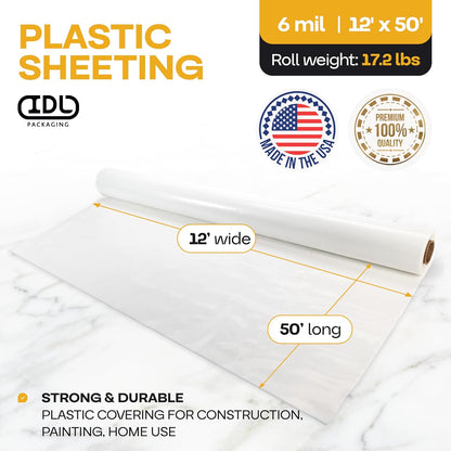 Plastic Sheeting 6 mil, 12' x 50' (600 sq. ft.) - Thick Semi-Clear LDPE Plastic Sheeting Heavy Duty