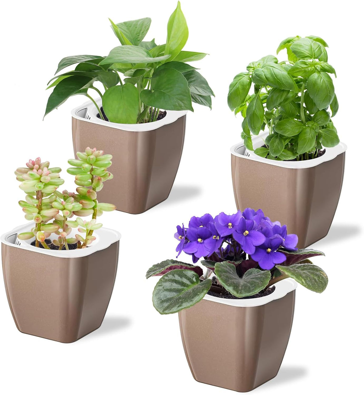 4 Pack Self Watering Pots 4-inch Decorative Flower Planters for Indoor Plants Modern Square