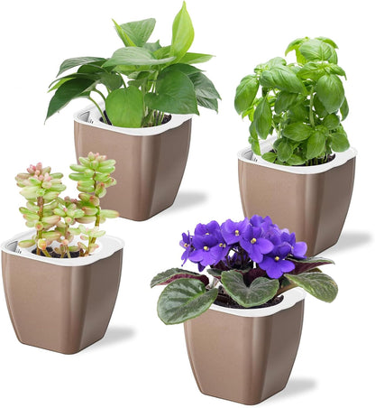 4 Pack Self Watering Pots 4-inch Decorative Flower Planters for Indoor Plants Modern Square