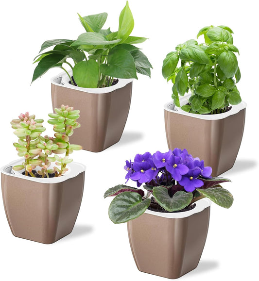 4 Pack Self Watering Pots 4-inch Decorative Flower Planters for Indoor Plants Modern Square