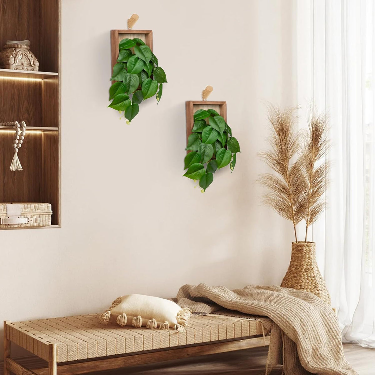 DILATATA Artificial Hanging Plants with Wooden Frame 2 Pack Faux Pothos Leaves Hanging Vine