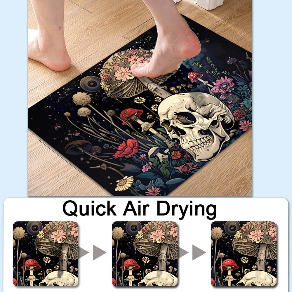Bath Mat-Bathroom Rug，A Skull and Mushroom-Absorbent Non Slip Quick Dry Stain Resistant Easy to
