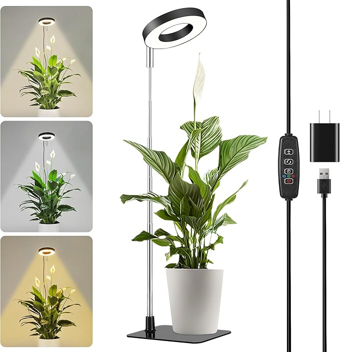 Small Halo Grow Light with Base, 48 LED Full Spectrum Indoor Plant Grow Light, Height Adjustable, 3