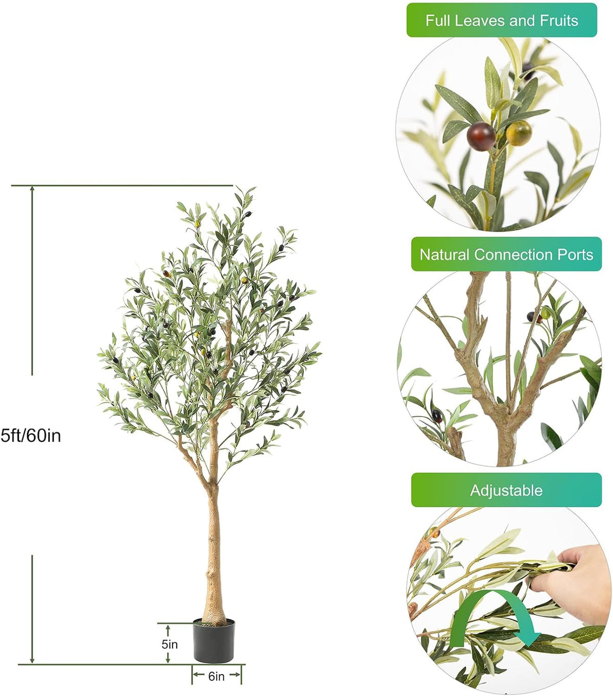 Tall Faux Olive Tree，5Ft(60in) Realistic Texture Potted Silk Artificial Olive Tree， Fake Olive
