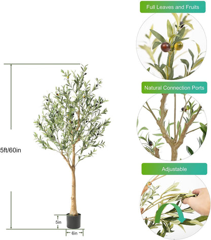 Tall Faux Olive Tree，5Ft(60in) Realistic Texture Potted Silk Artificial Olive Tree， Fake Olive