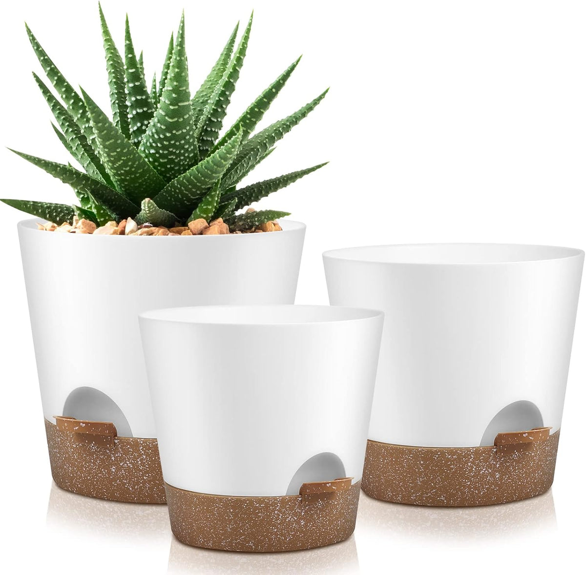 Indoor Outdoor Plant Pots- Self Watering Planters with Drainage Holes and Saucers, 9,8, 7.5 Inches