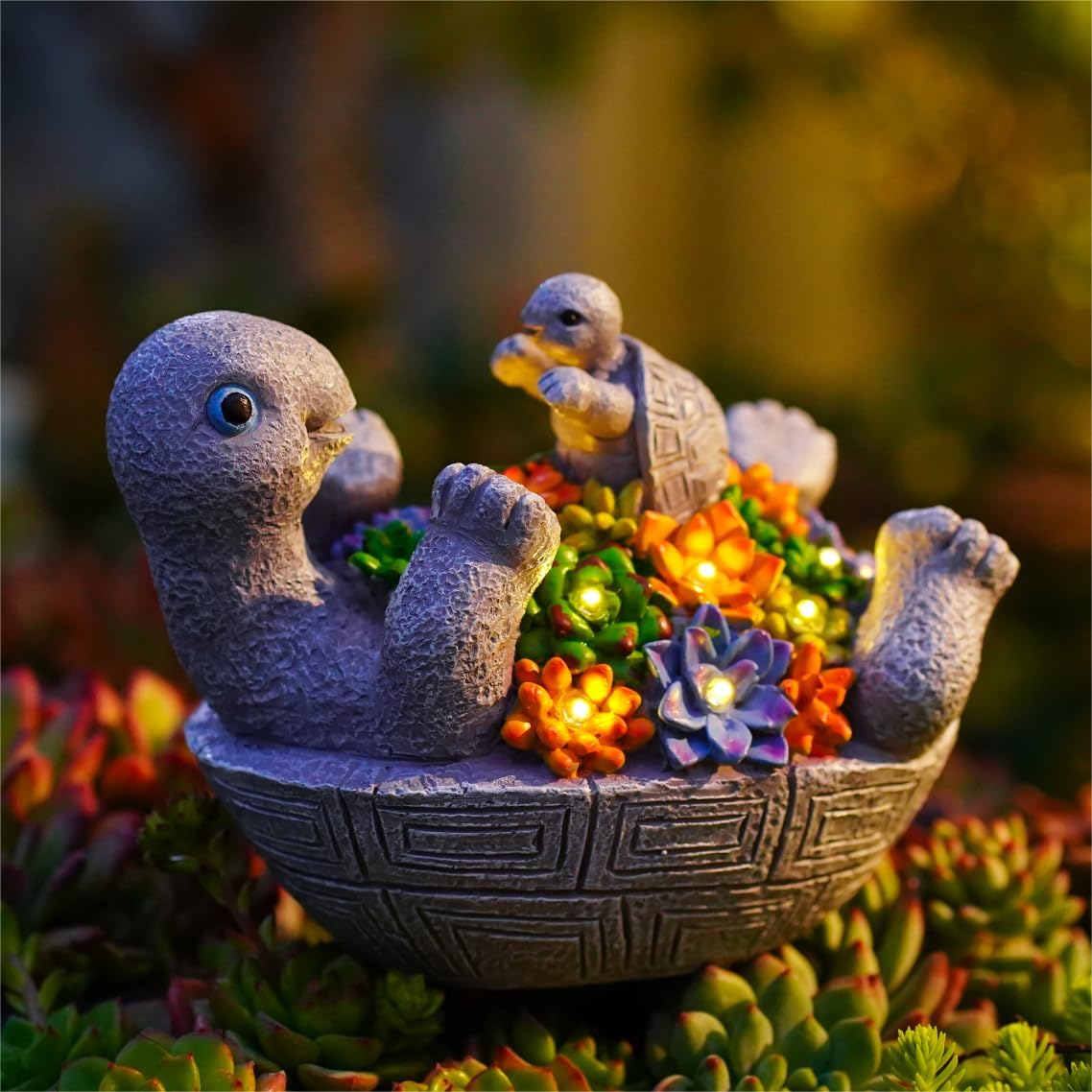 Solar Turtle Figurines Garden Decor, Cute Turtle Statue with Baby with 8 LED Solar Lights Garden