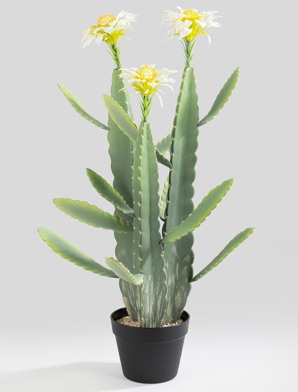 33 Inch Large Artificial Cactus with Lilly White Flowers in Pot with Natural Gravel. Satin Finish