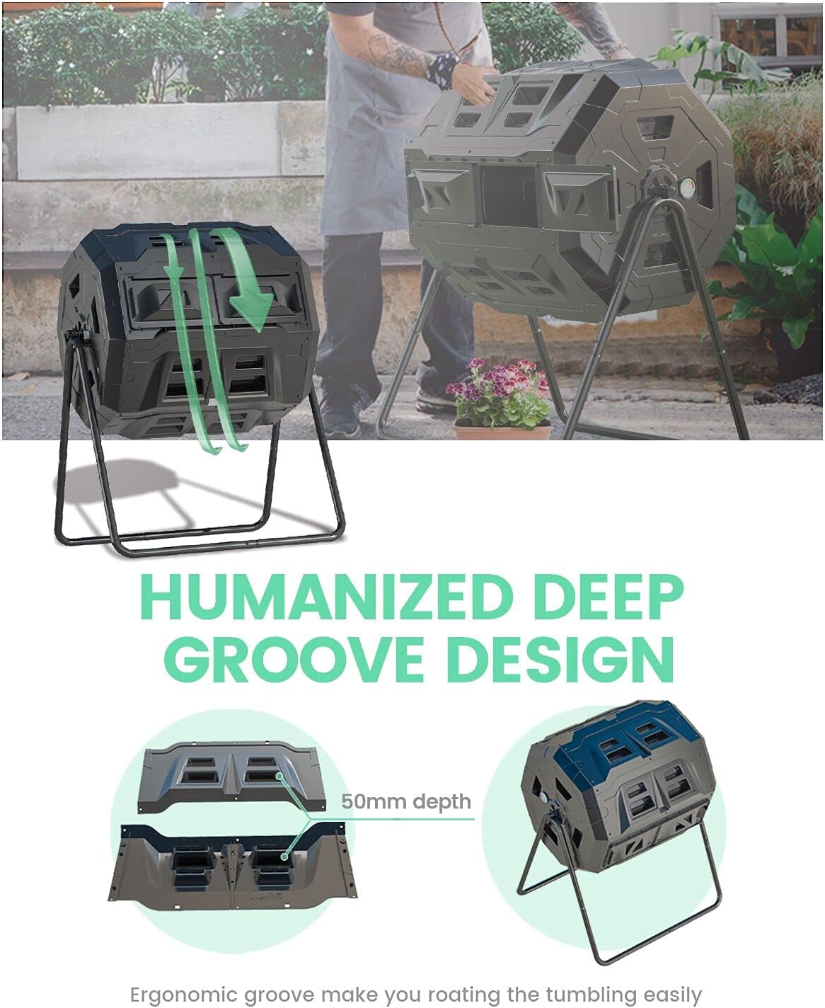 2021 Upgraded Tumbling Composter with Compost Thermometer - Dual Chamber Garden Compost Bin(43 Gal