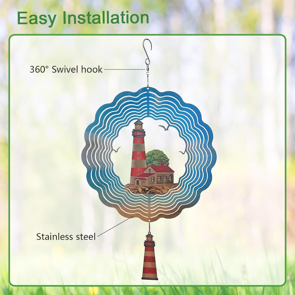 Lighthouse Wind Spinner,Metal Wind Spinners for Outdoor,3D Double Sided Hanging Beach Decor for