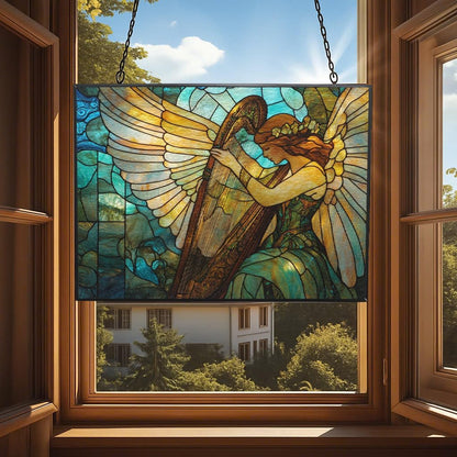 Customized Rectangle Art Nouveau Harp Angel Stained Glass Suncatcher Window Hangings, Stained Glass