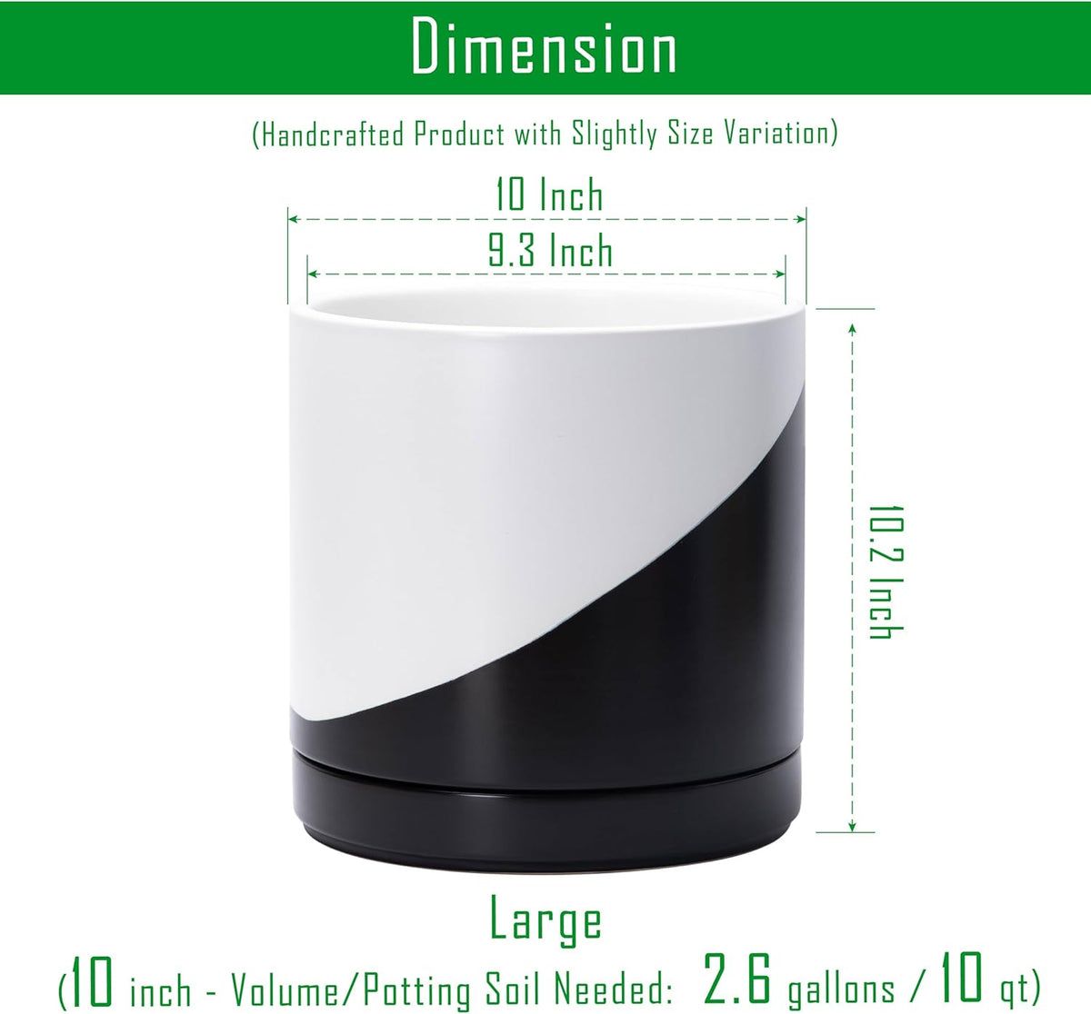D'vine Dev 10 Inch Ceramic Planter Pot with Drainage Hole and Saucer, Indoor Cylinder Round Planter