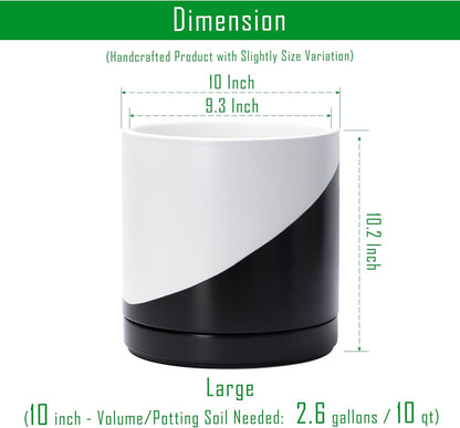 D'vine Dev 10 Inch Ceramic Planter Pot with Drainage Hole and Saucer, Indoor Cylinder Round Planter