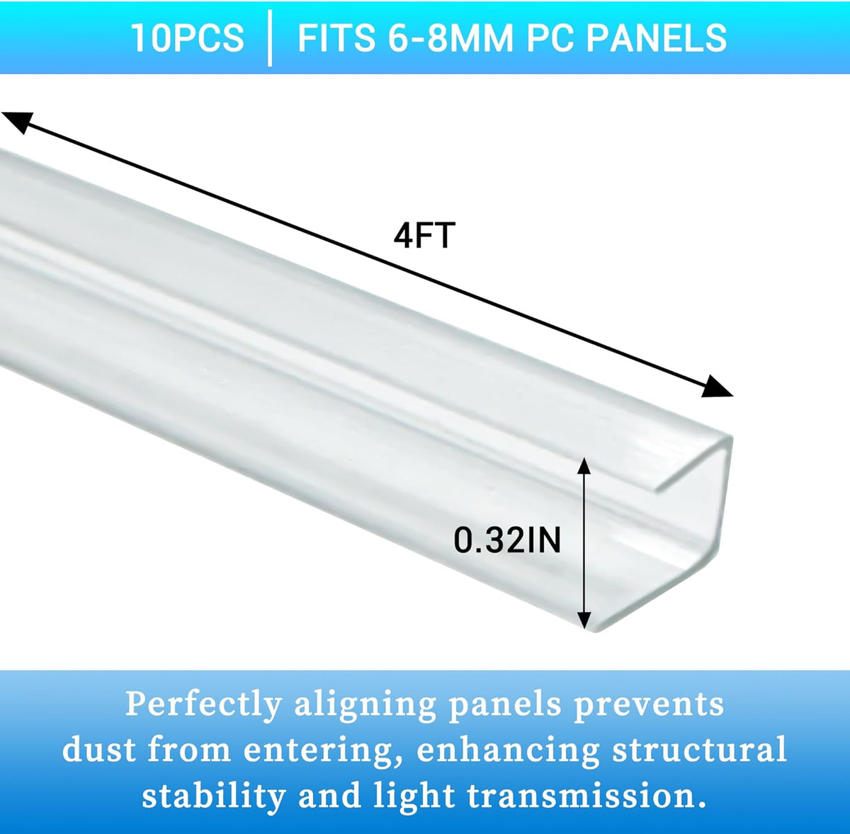 10 PCS Polycarbonate Greenhouse U Connector Profile 4ft Length Fits 0.24’’ & 0.32’’ Twin-Wall