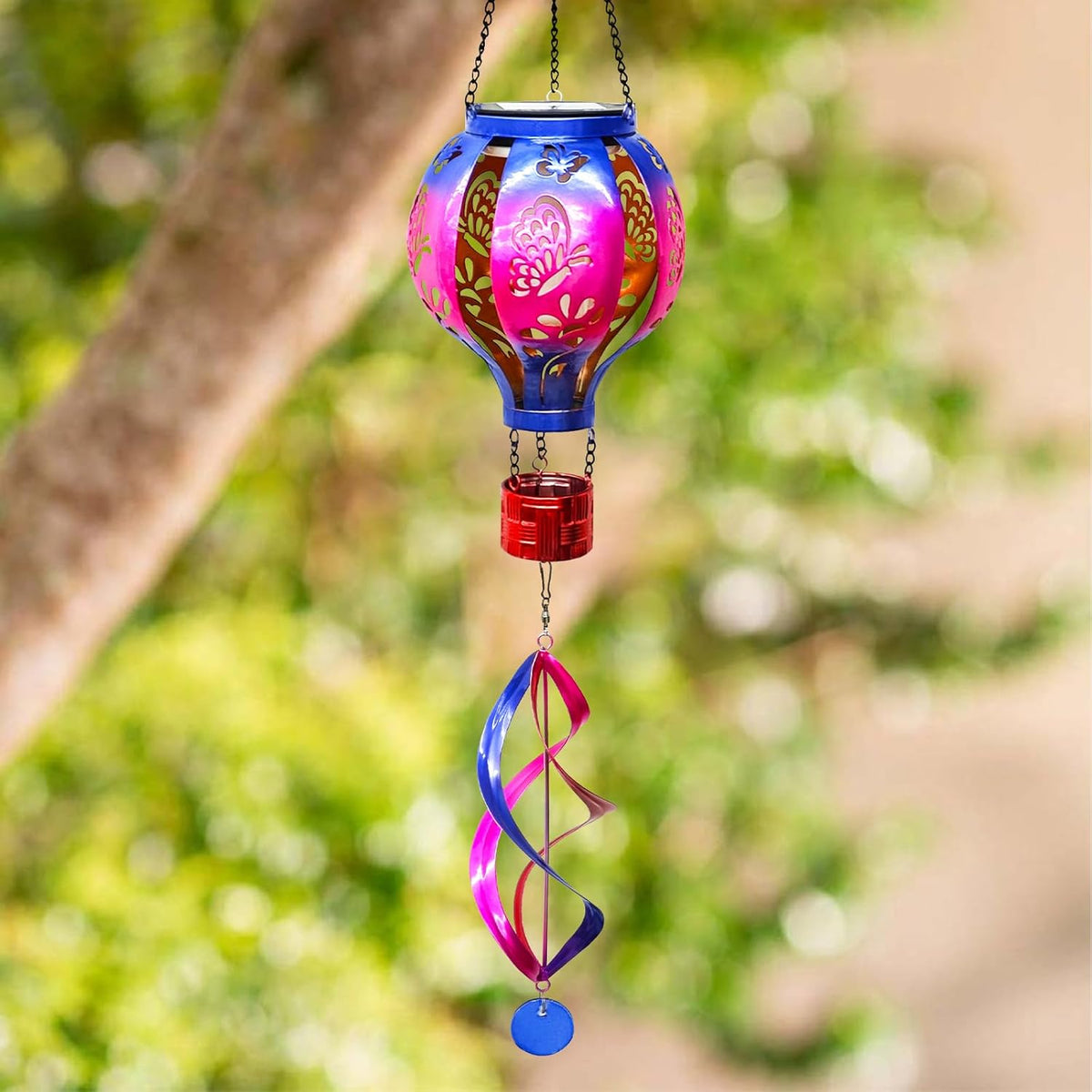 Hot Air Balloon Solar Lantern Butterfly Wind Spinners with Flickering Flame Light Hanging Solar