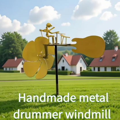 Handmade Metal Rock Band Windmill, Drummer Wind Spinner, Unique Drummer Statue Gift for Music