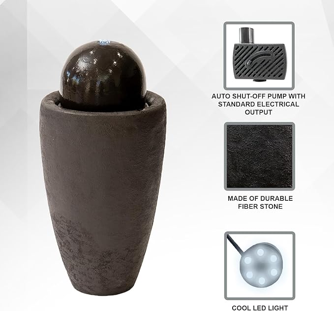 XBrand 25.98" H Round Stone Indoor/Outdoor Modern Stone Textured Sphere Water Fountain with LED