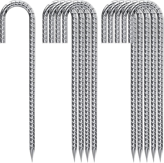 J Hook Rebar Stakes 12 Inch, Ground Stakes for Camping Tent Heavy Duty 10 Pack Rust Proof Coated