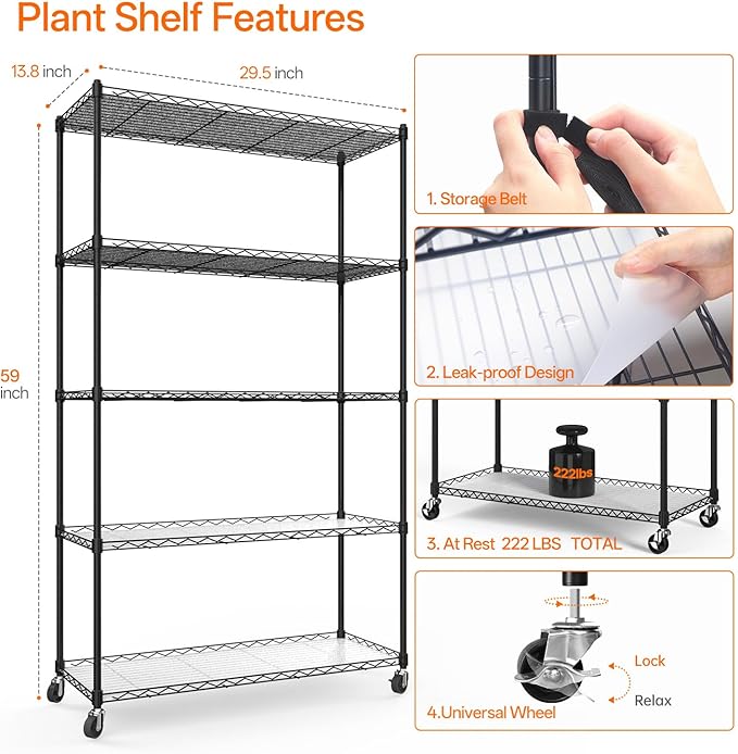 Bstrip Plant Shelf with Grow Light with Timer, Metal Plant Stand with Adjustable Rack and Wheels, 4