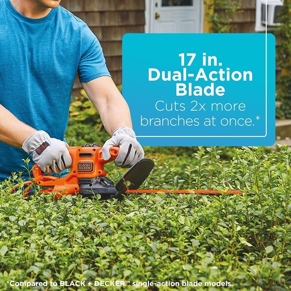BLACK+DECKER Electric Hedge Trimmer, 17-Inch Corded 3.2 Amp, Dual Action, Reduced Vibration
