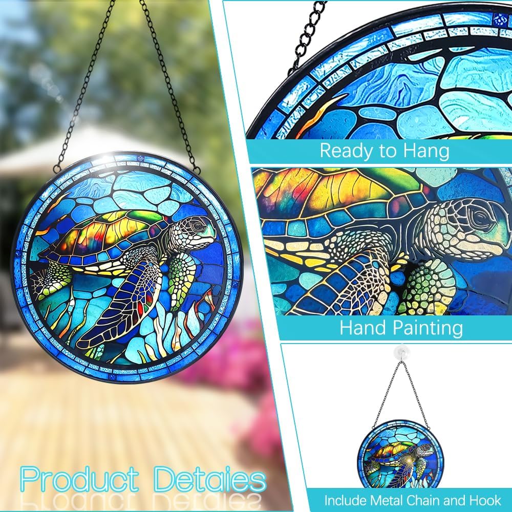 Stained Glass Turtle Suncatcher Window Hanging - Handmade Sea Turtle Suncatchers for Windows with