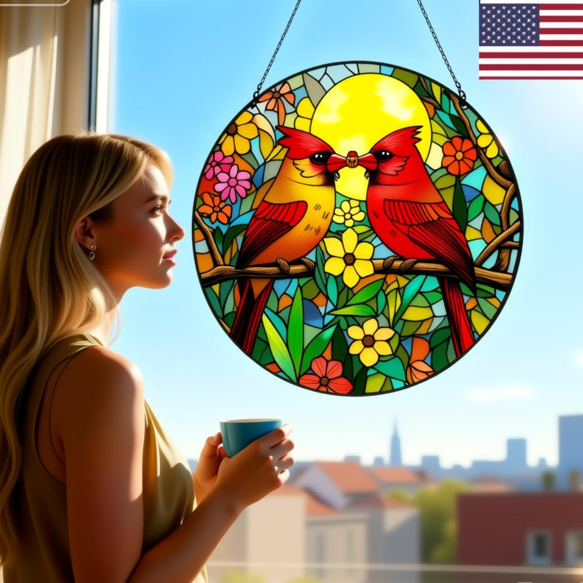 Cardinal Stained Glass Suncatcher - Red Bird Sun Catcher, Painted Glass Panel Decor, Sun Catchers