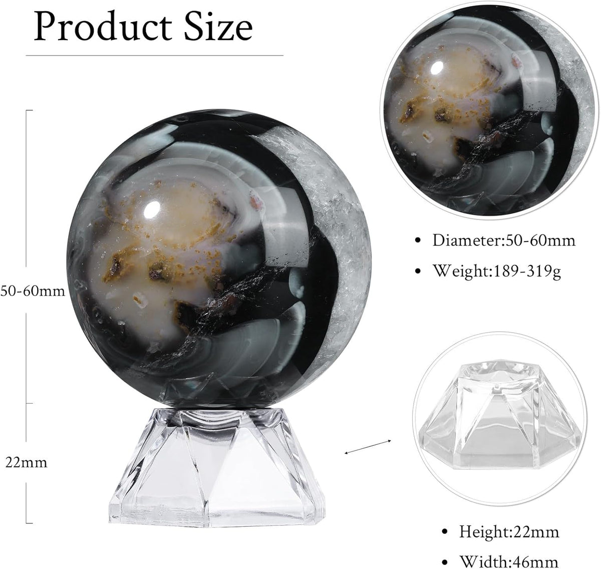 Natural Black Striped Agate Crystal Ball with Acrylic Display Base, 50-60mm Polished Stone Feng