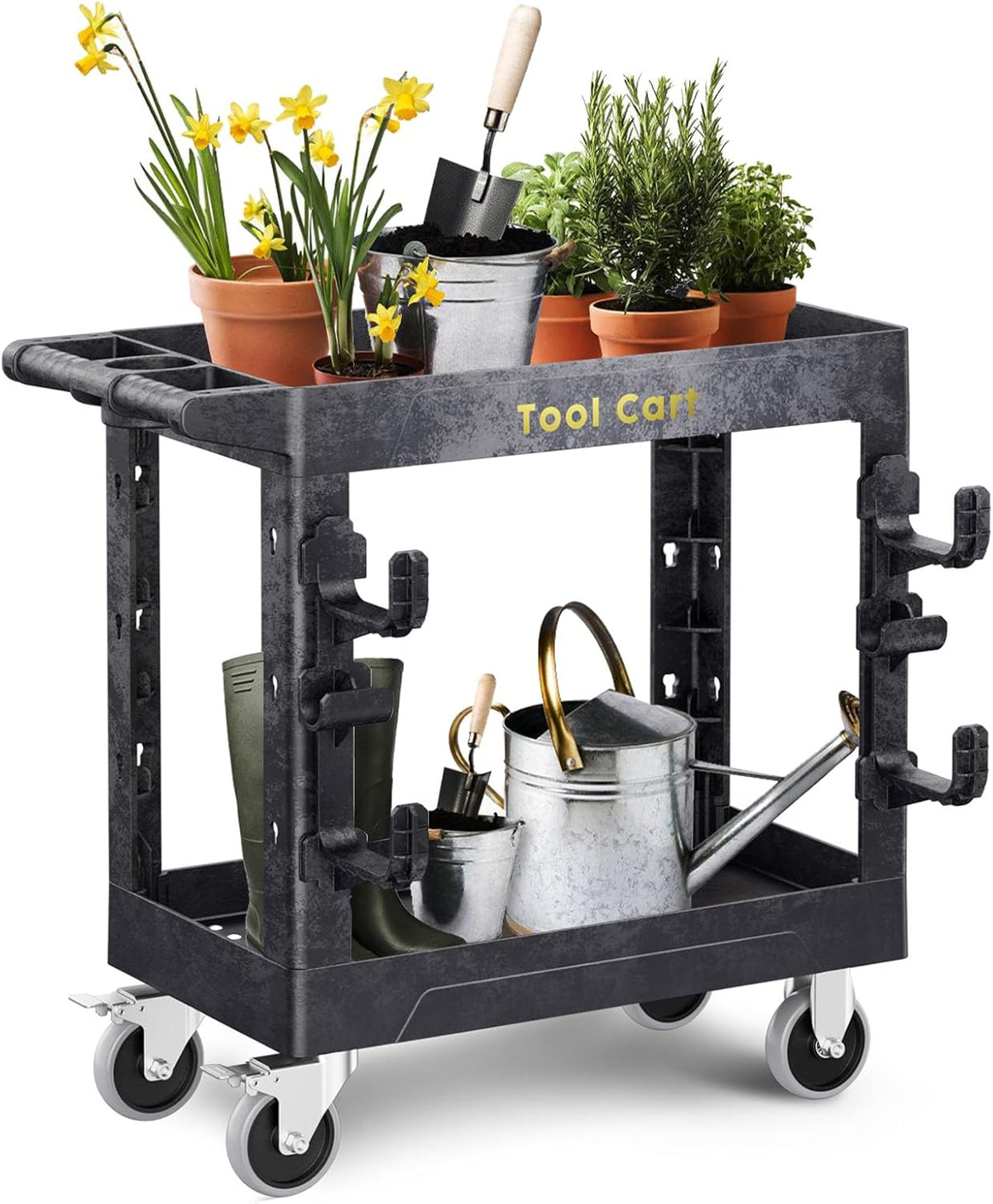 Heavy Duty Garden Tool Carts,600LBS Capacity 2 Tier Yard Tool Storage Rack with Side Hooks Garage
