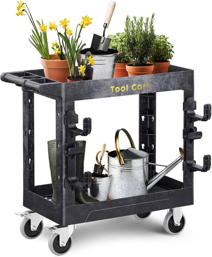 Heavy Duty Garden Tool Carts,600LBS Capacity 2 Tier Yard Tool Storage Rack with Side Hooks Garage