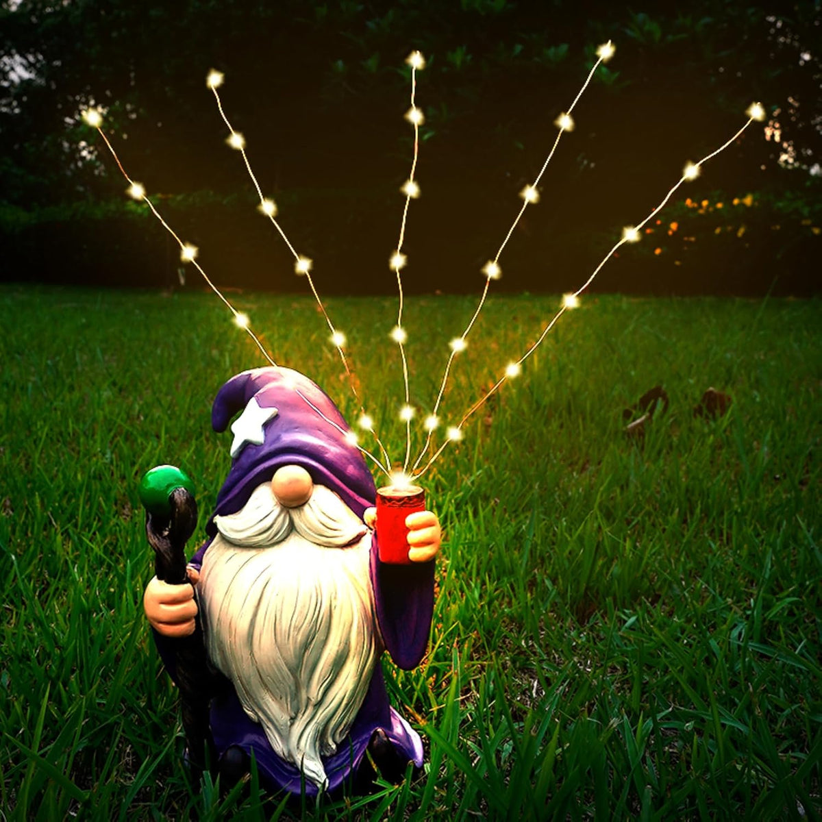 Resin Gnome Statue Outdoor Decor Waterproof Firework Solar LED Lights Gnomes Garden Sculpture