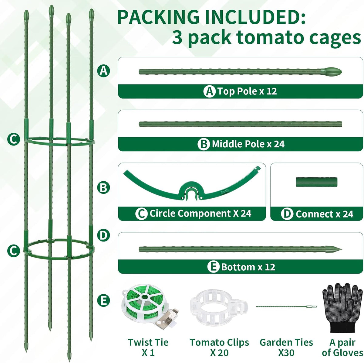 3 Pack 48" Round Tomato Cages for Garden, Plastic Coated Steel Pipe Heavy Duty Adjustable Tomato
