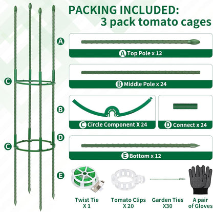 3 Pack 48" Round Tomato Cages for Garden, Plastic Coated Steel Pipe Heavy Duty Adjustable Tomato