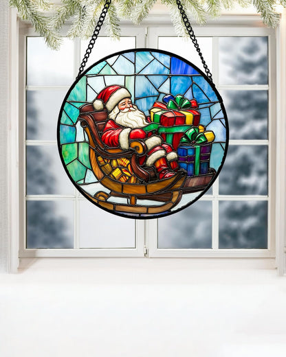 Stained Glass Window Hanging - Santa Claus Gift BoxSuncatcher for Doors Home Christmas Decoration
