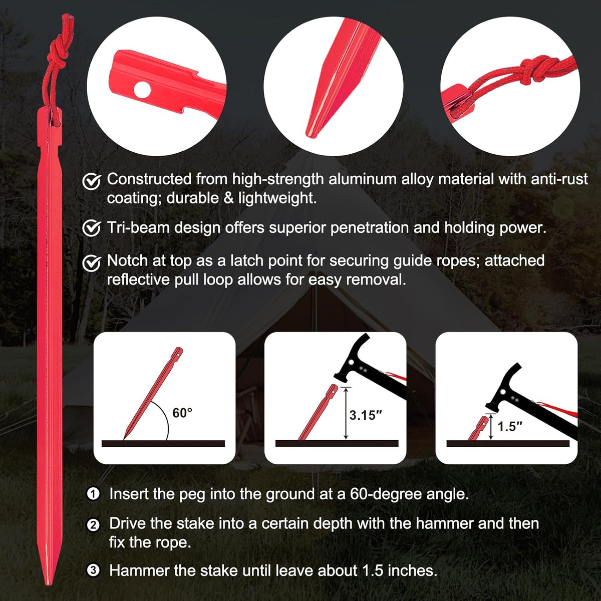 Eurmax USA Hiking Camping Tent Stakes and Hammer Set Lightweight Multi-Function Tent Hammer with