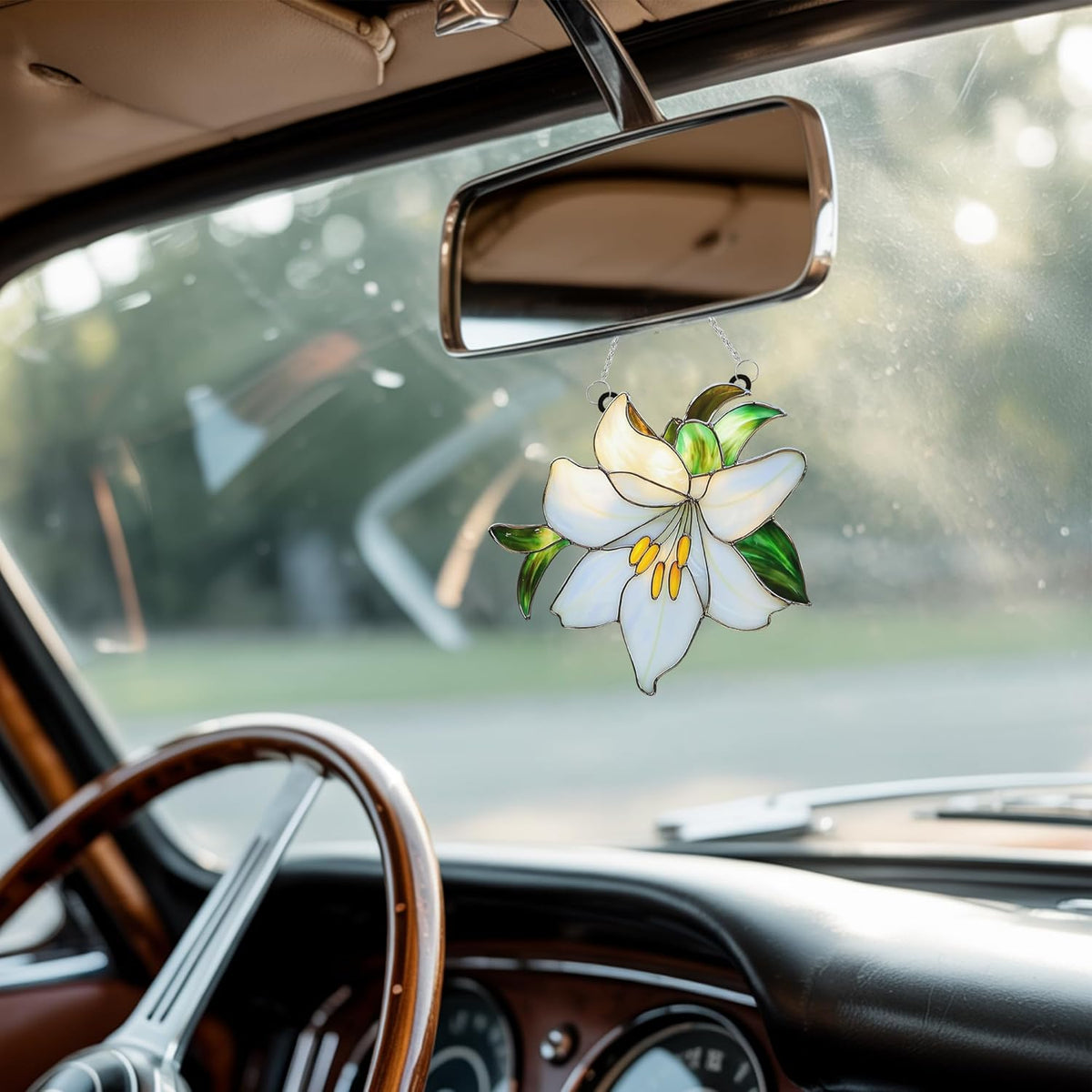 White Lily Flower Acrylic Suncatcher Stained Glass Effect Window Car Hanging Christmas Ornament