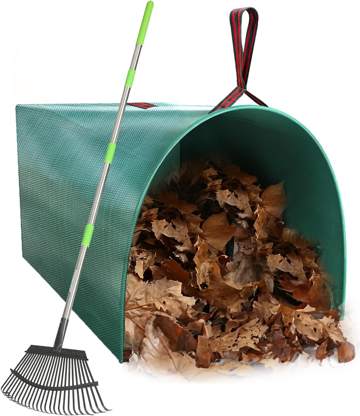 Joyhalo 65 Inch Rake for Leaves with 40 Gallon Dustpan-Typ Leaf Bags, 25 Tines Metal Leaf Rake Set