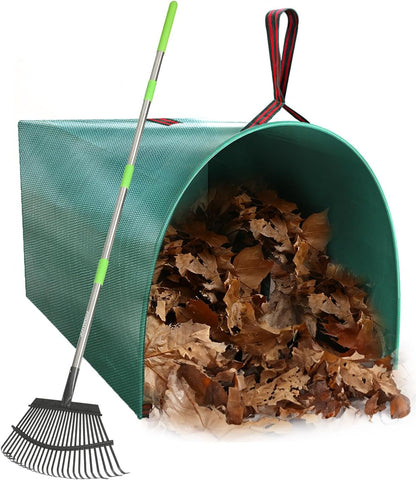Joyhalo 65 Inch Rake for Leaves with 40 Gallon Dustpan-Typ Leaf Bags, 25 Tines Metal Leaf Rake Set