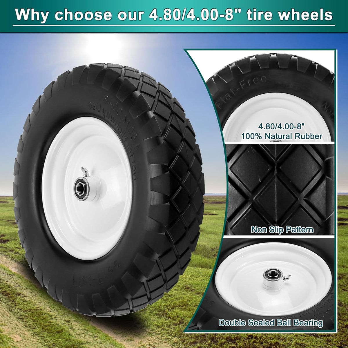 4.80/4.00-8 Flat Free Tire and Wheel- 16" Flat-Free Solid Wheelbarrow Tires with 5/8" & 3/4"