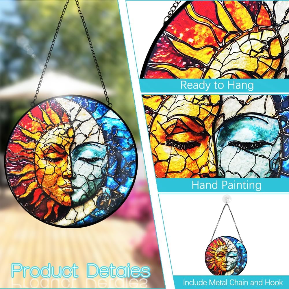 Sun and Moon Suncatcher Stained Glass Window Hanging - 8” Handmade Colorful Suncatchers for Windows