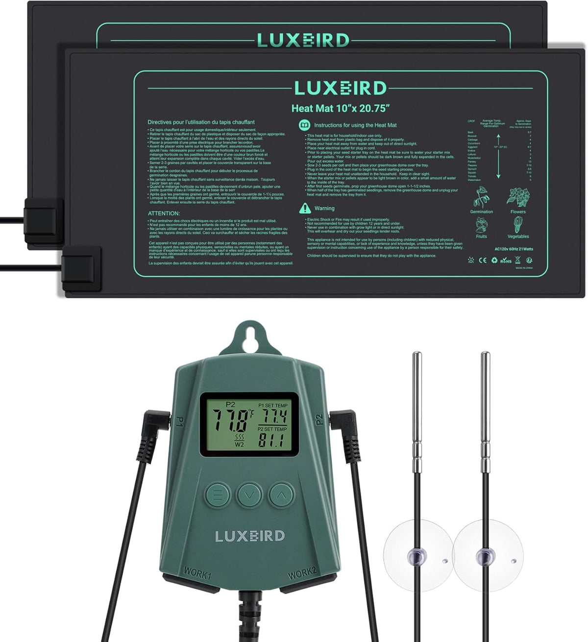 LUXBIRD 2 Pack 10"x 20.75" Seedling Heat Mat and Digital Thermostat Controller Combo Set (120v US