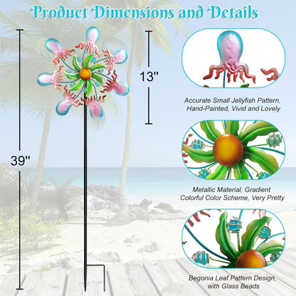 Jellyfish Wind Spinners - 39" Ocean-Themed Metal Wind Sculptures Garden Stake Art, 13.5” Windmill